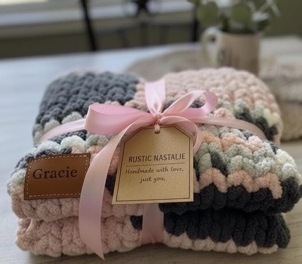 Personalized Chunky Knit Baby Blanket - Pink & Grey Nursery Bedding - Custom Name Stroller Throw - Newborn Girl Gift - The Gracie