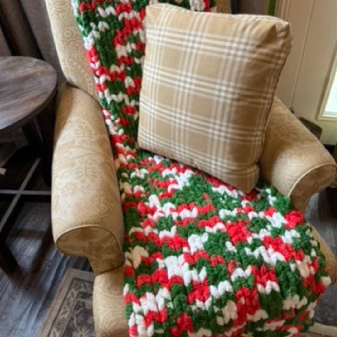 Personalized Chunky Knit Blanket with a Custom Monogram Red Green Berry Decor with Leather Name Patch