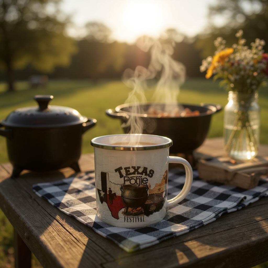 Texas Potjie Festival Enamel Mug, South African Gift for Texans, Safari Style Campfire Cup, Rustic Outdoor Coffee Mug, Saffa Heritage Gift