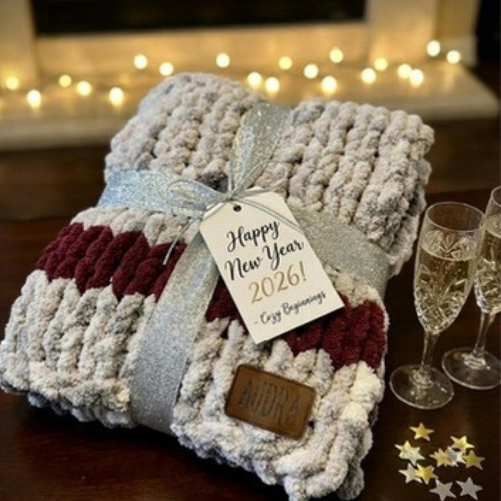 Cozy, Rustic, Chunky Chenille Hand Knit Blanket / Throw with Customized Leather Tag