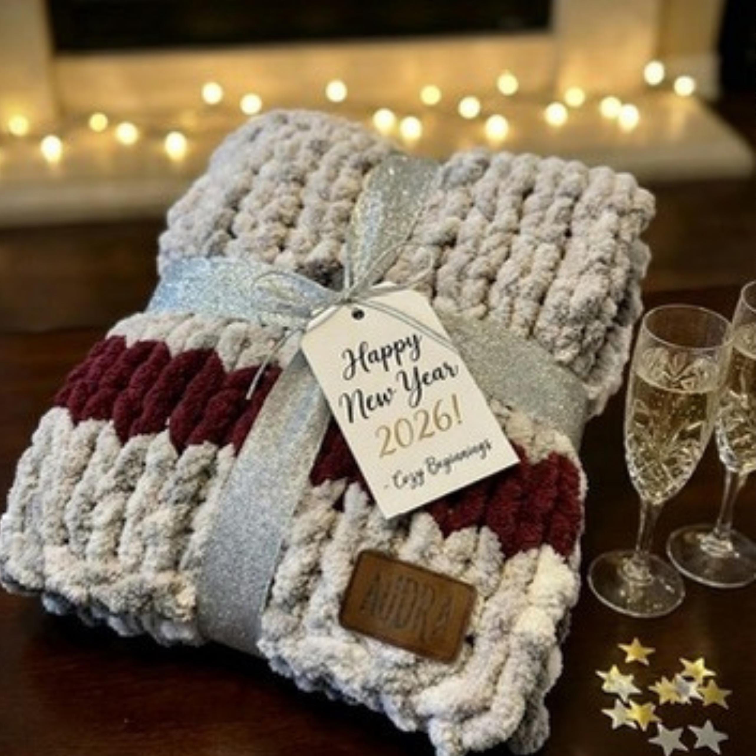 Cozy, Rustic, Chunky Chenille Hand Knit Blanket / Throw with Customized Leather Tag
