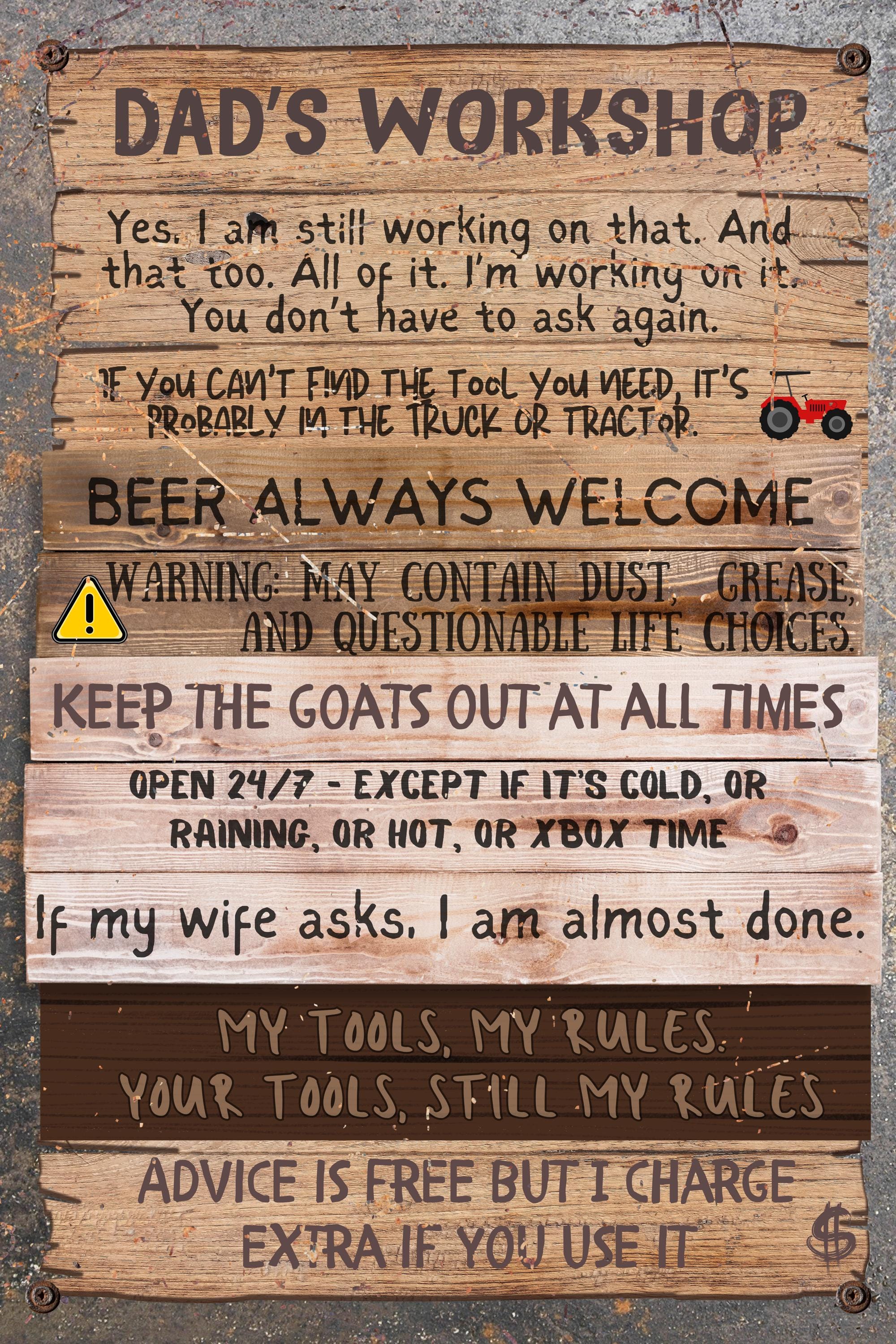 Personalized Metal Workshop Sign, Funny Father's Day Gift, Garage Decor