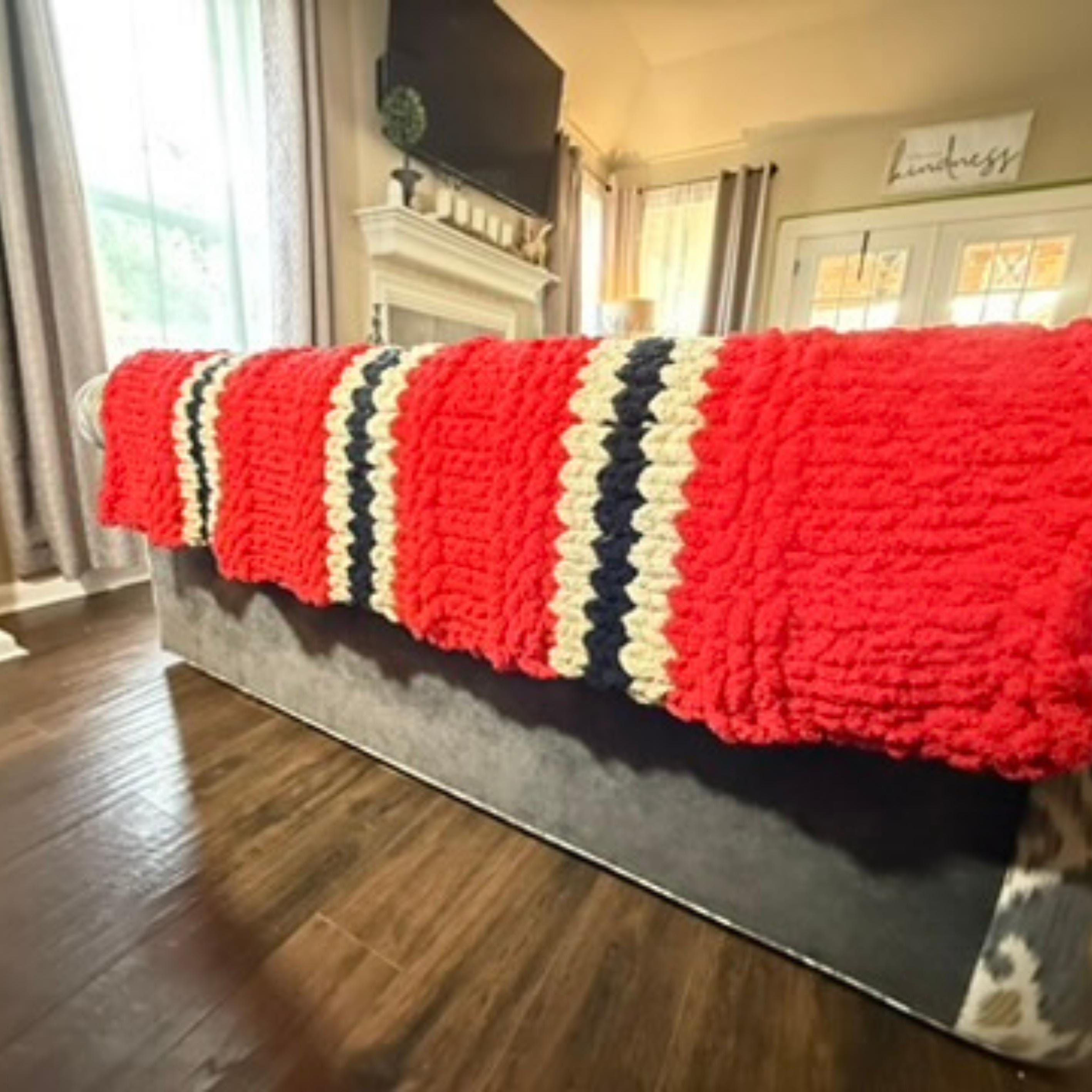 Handmade Red Chunky Knit Throw, Personalized Leather Patch, Chenille Blanket