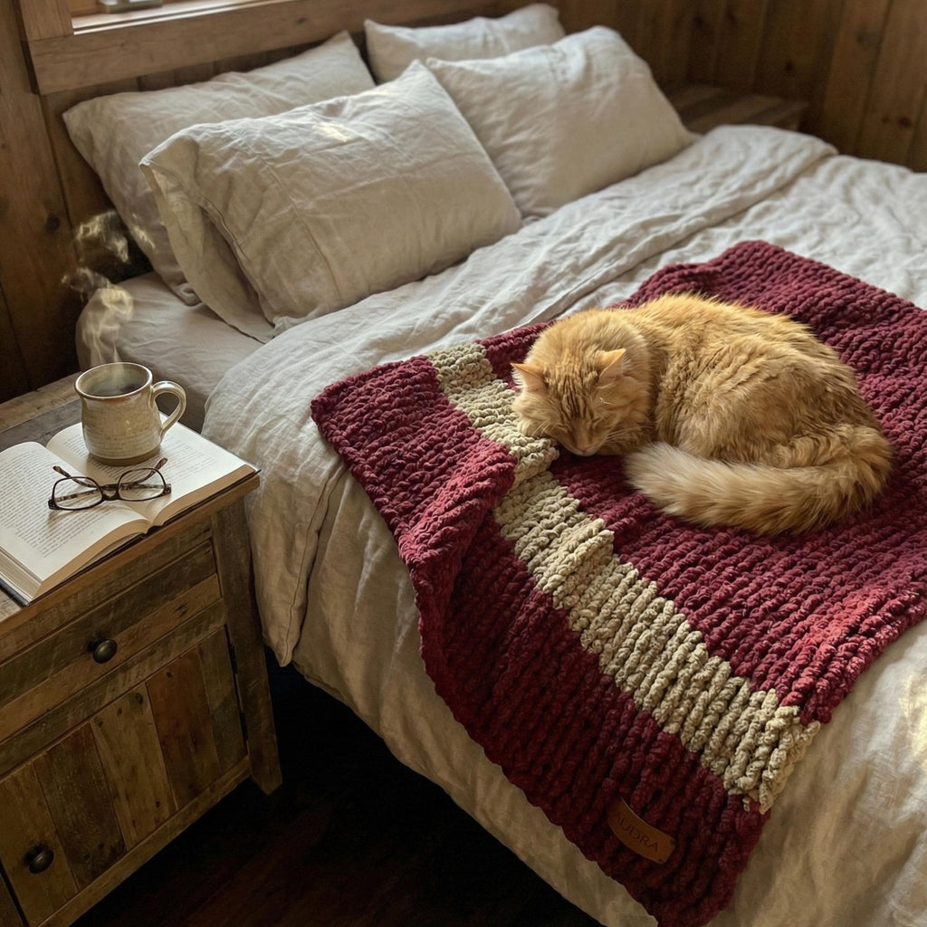 Cozy, Rustic, Chunky Chenille Hand Knit Blanket / Throw with Customized Leather Tag