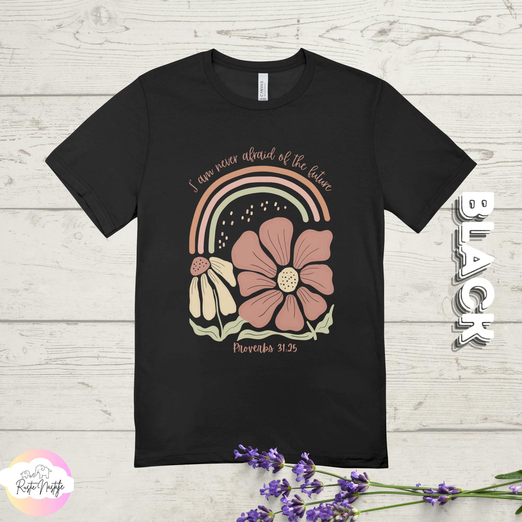 Christian T-Shirt, Proverbs 31:25, Boho Floral Rainbow Tee