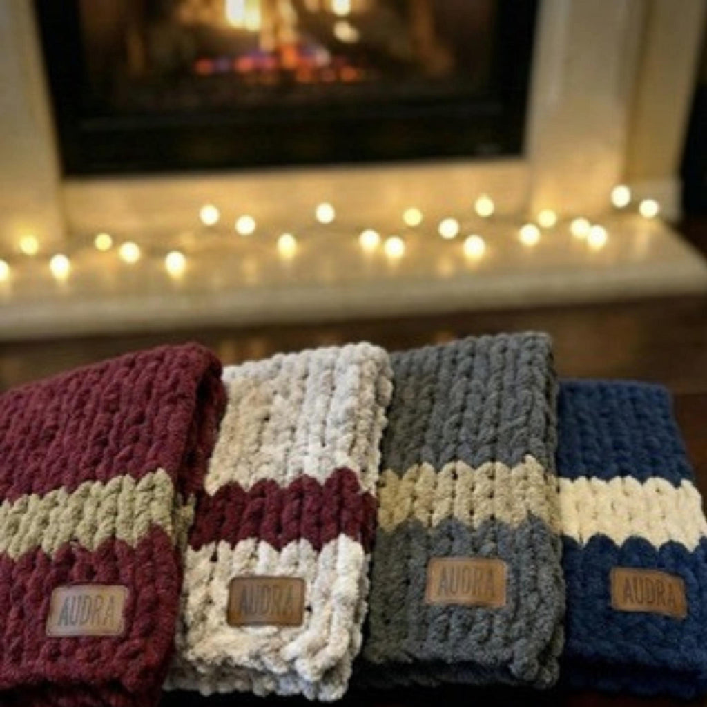 Cozy, Rustic, Chunky Chenille Hand Knit Blanket / Throw with Customized Leather Tag