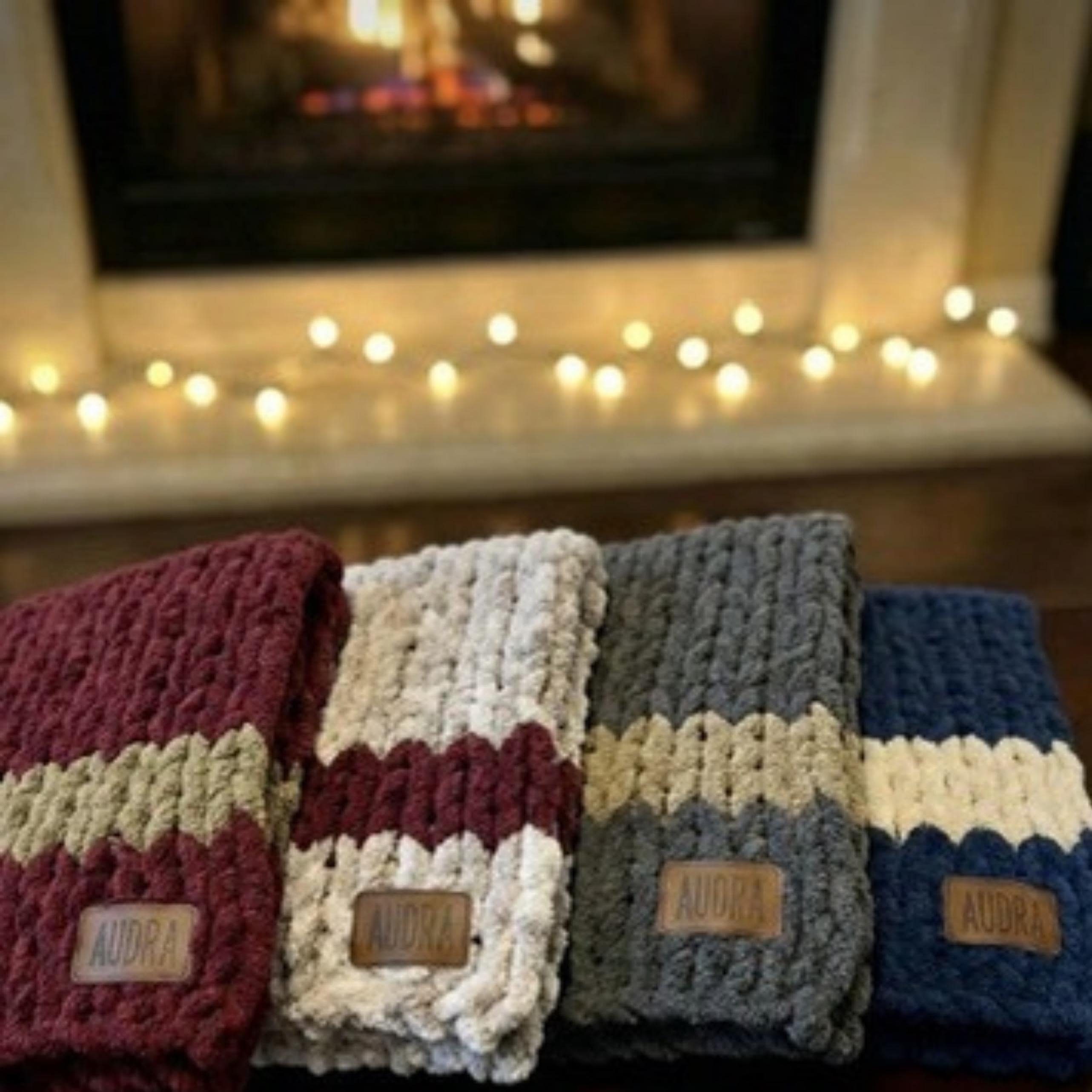 Cozy, Rustic, Chunky Chenille Hand Knit Blanket / Throw with Customized Leather Tag