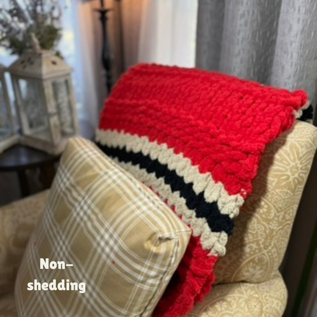 Handmade Red Chunky Knit Throw, Personalized Leather Patch, Chenille Blanket