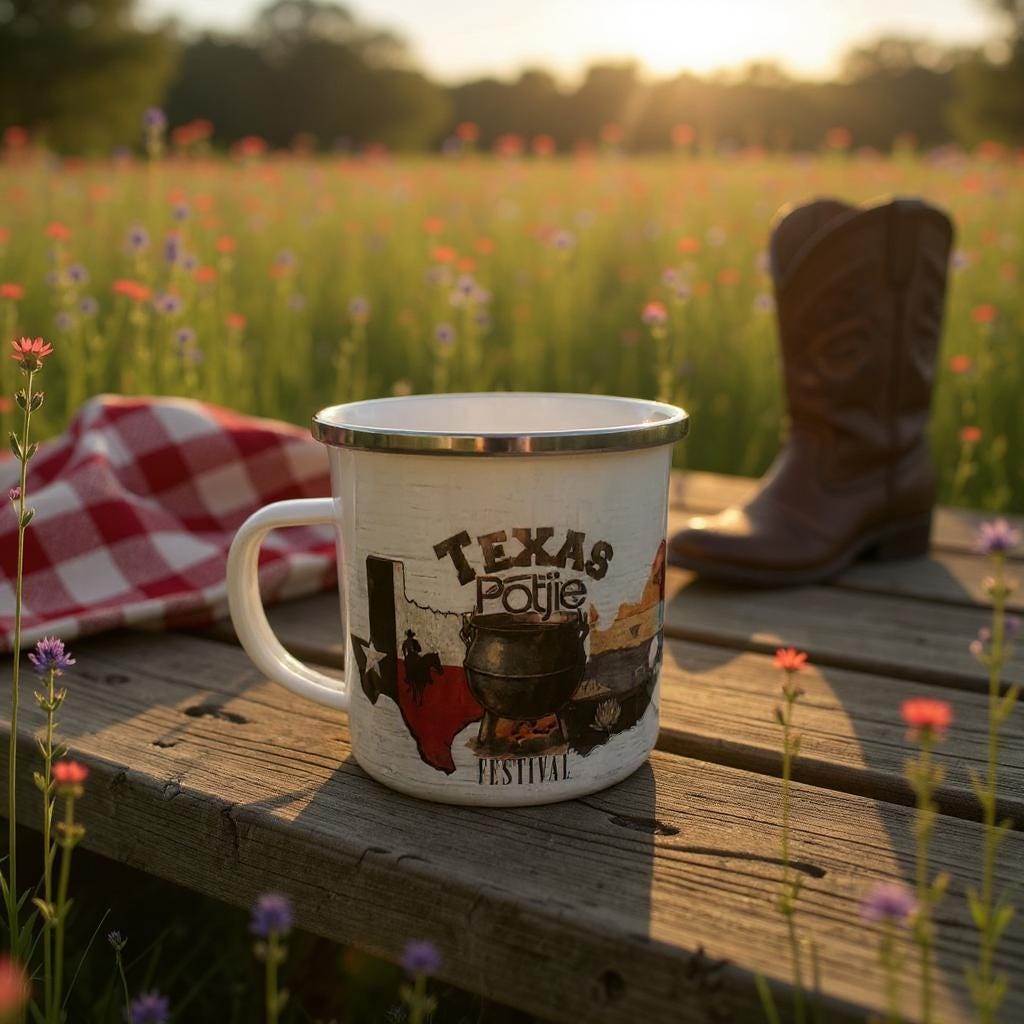Texas Potjie Festival Enamel Mug, South African Gift for Texans, Safari Style Campfire Cup, Rustic Outdoor Coffee Mug, Saffa Heritage Gift