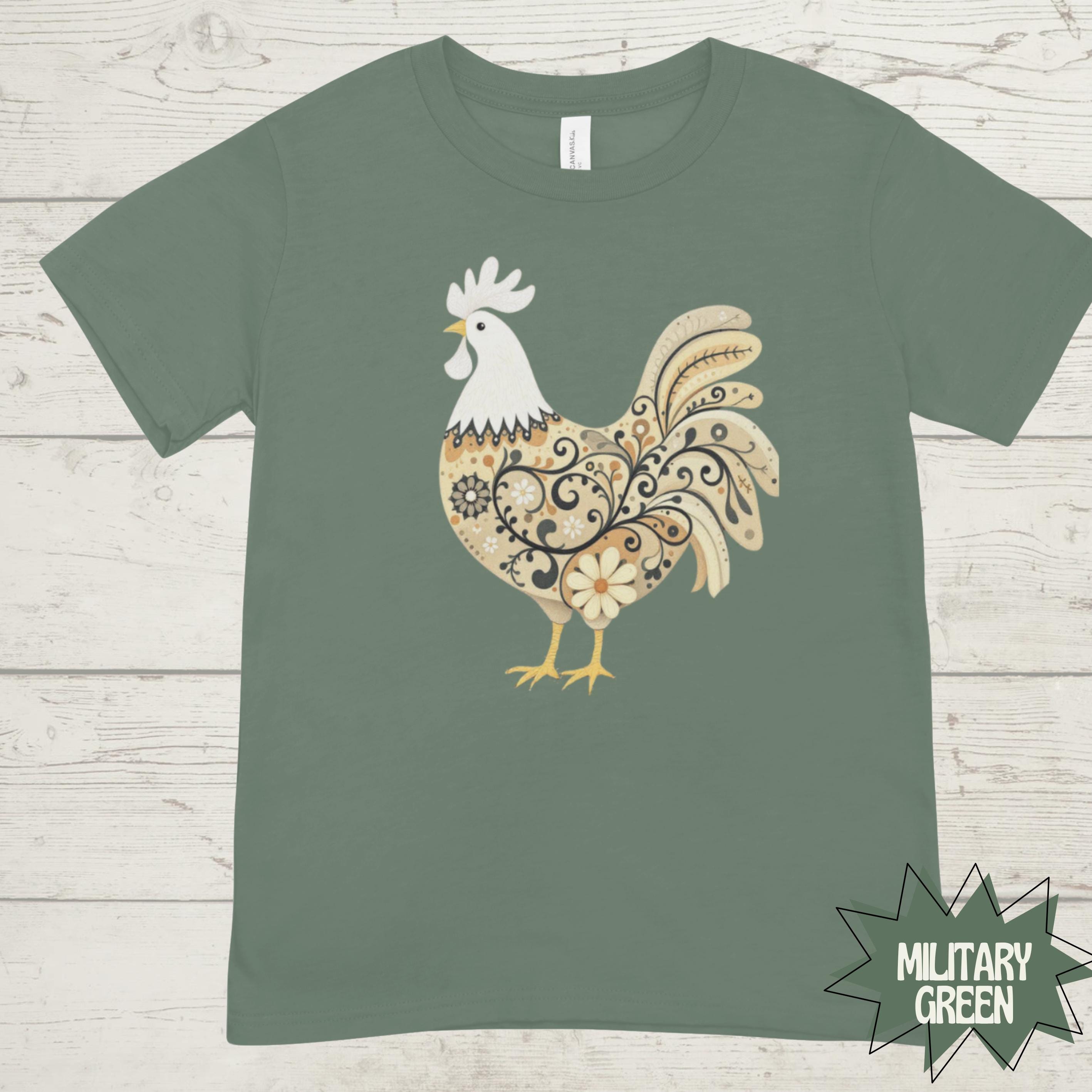 Forrest Green Rooster Shirt: Rustic Farmhouse Cotton Graphic Tee