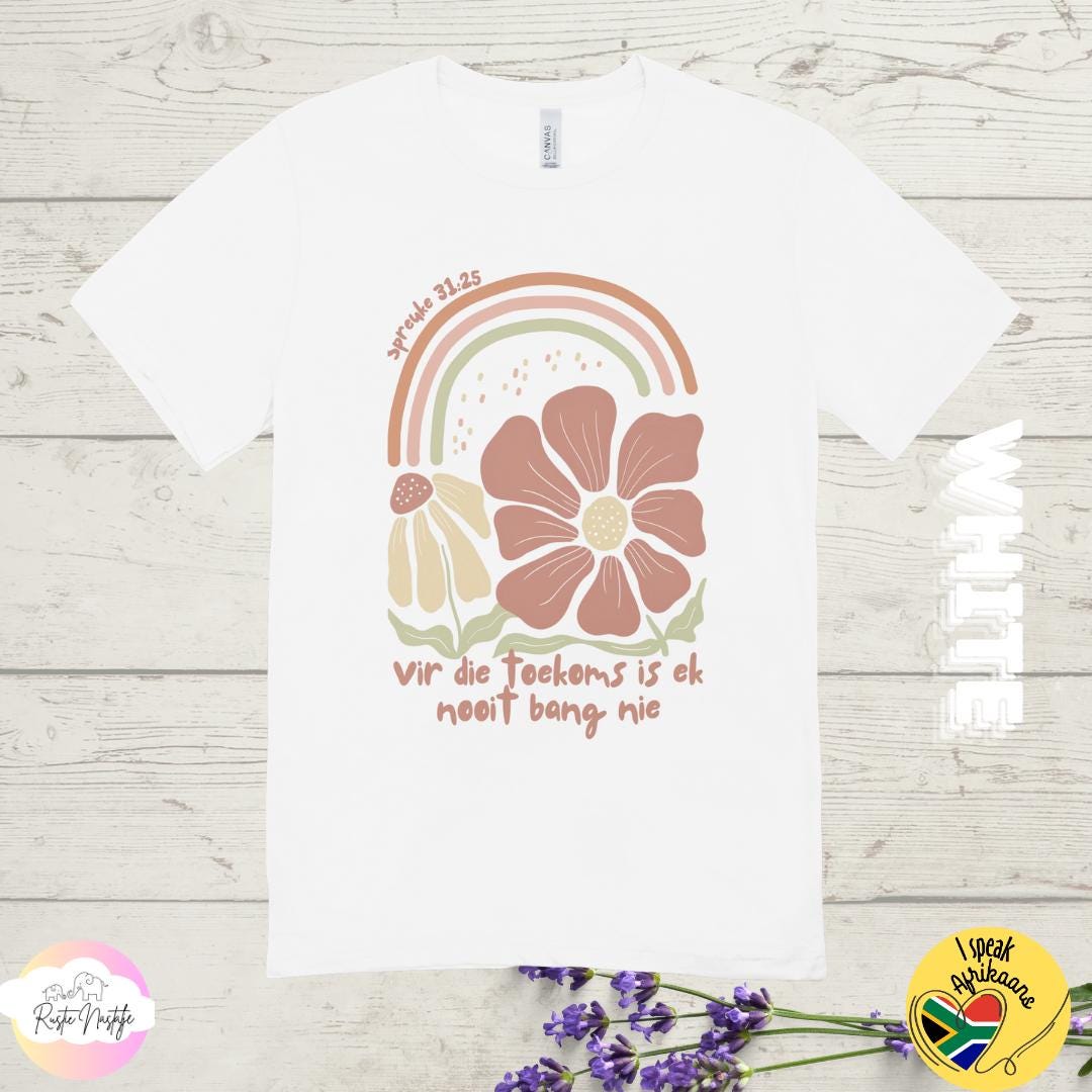 Afrikaans Christian T-Shirt: Boho Floral 'Vir die toekoms'