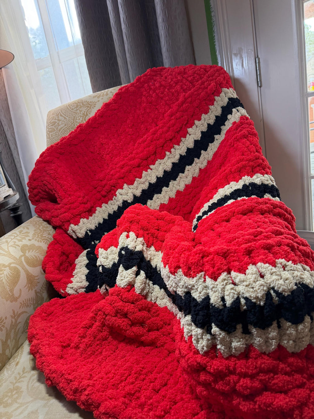 Handmade Red Chunky Knit Throw, Personalized Leather Patch, Chenille Blanket