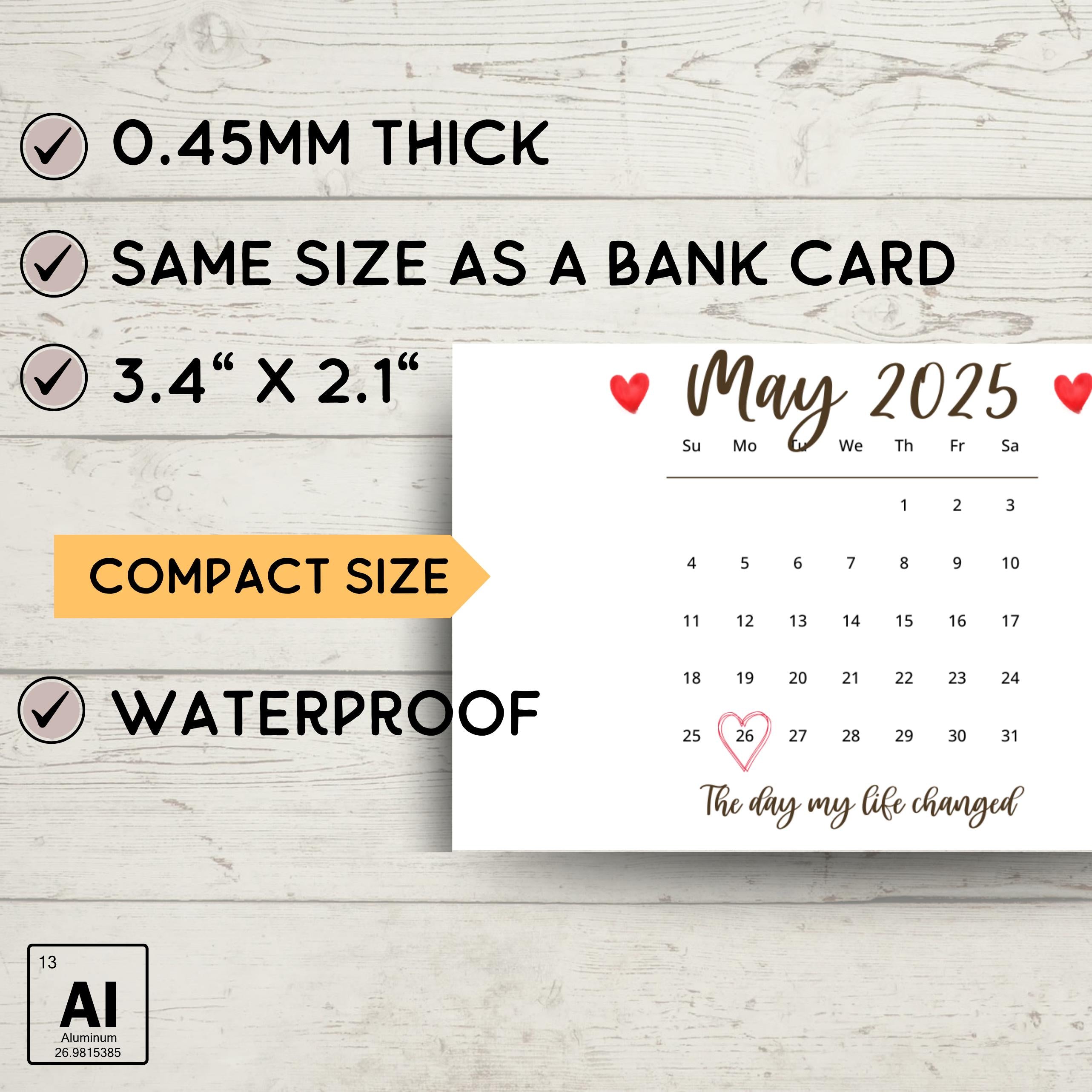 Personalized Metal Wallet Card Insert •Custom Map & Calendar Date Keepsake • Boyfriend Husband Gift