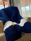 Cozy, Rustic, Dark Blue and Cream Chunky Chenille Hand Knit Blanket / Throw with Customized Leather Tag