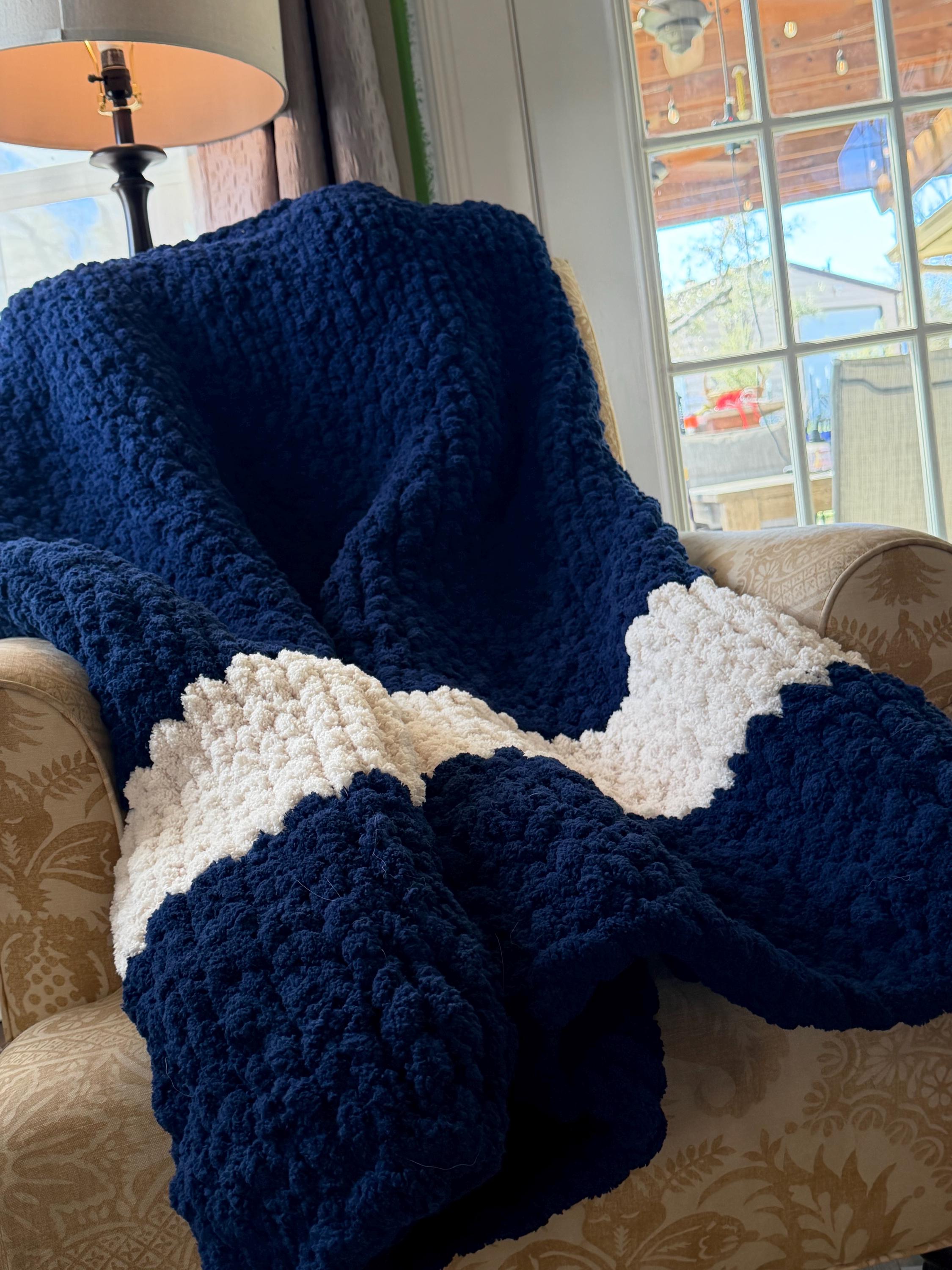 Cozy, Rustic, Dark Blue and Cream Chunky Chenille Hand Knit Blanket / Throw with Customized Leather Tag