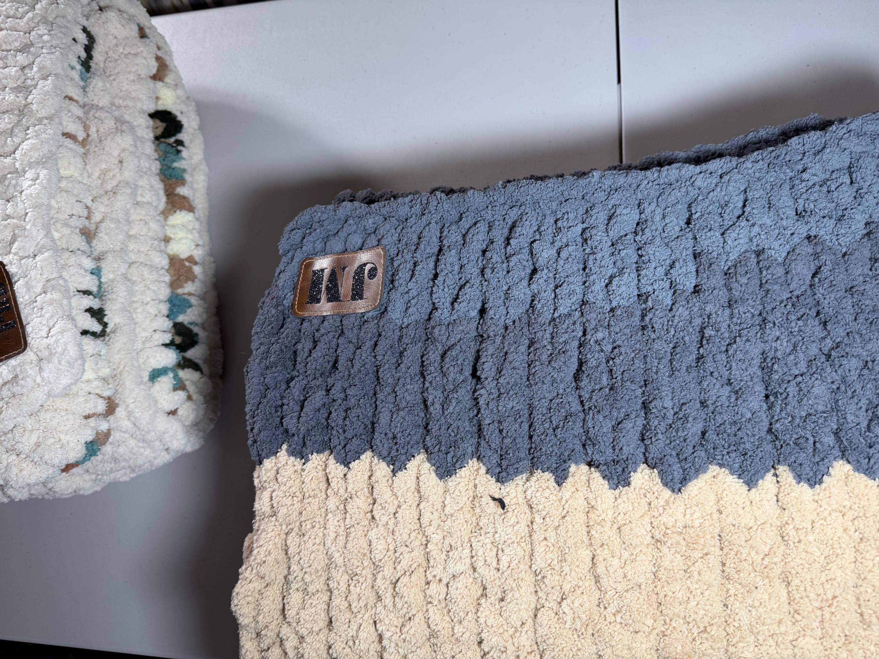 Cozy, Rustic, Dark Blue and Cream Chunky Chenille Hand Knit Blanket / Throw with Customized Leather Tag