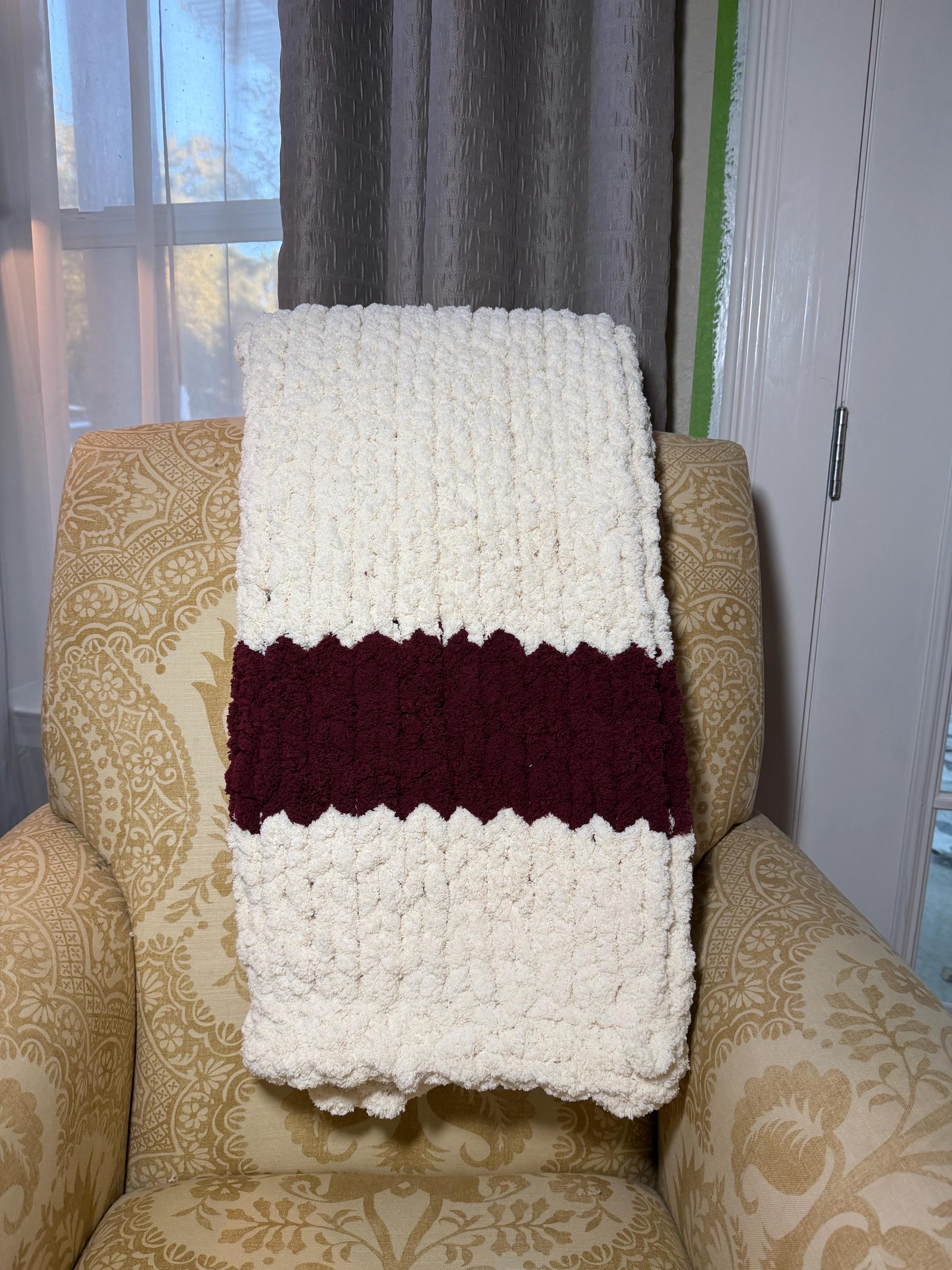 Cozy, Rustic, Dark Blue and Cream Chunky Chenille Hand Knit Blanket / Throw with Customized Leather Tag