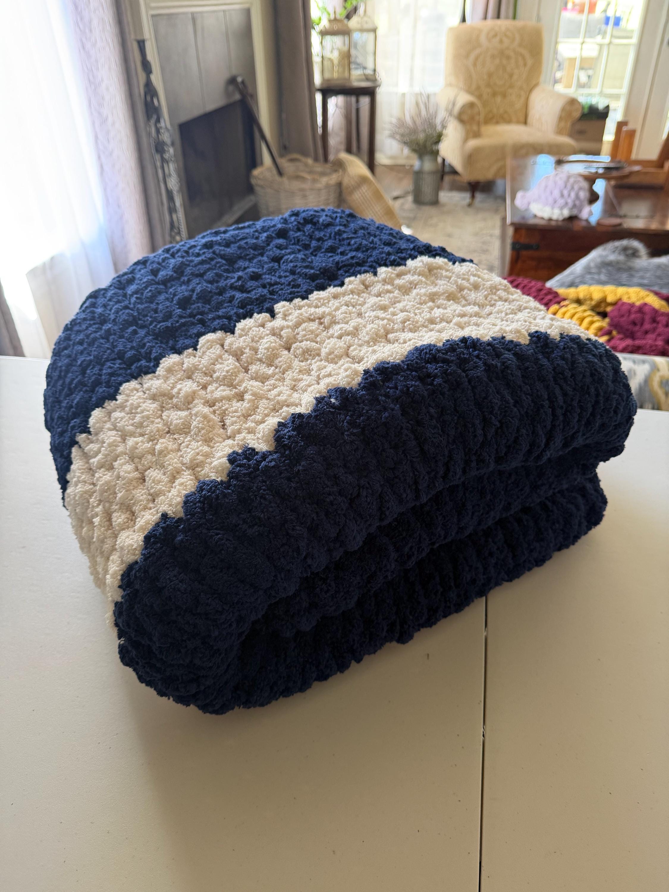Cozy, Rustic, Dark Blue and Cream Chunky Chenille Hand Knit Blanket / Throw with Customized Leather Tag
