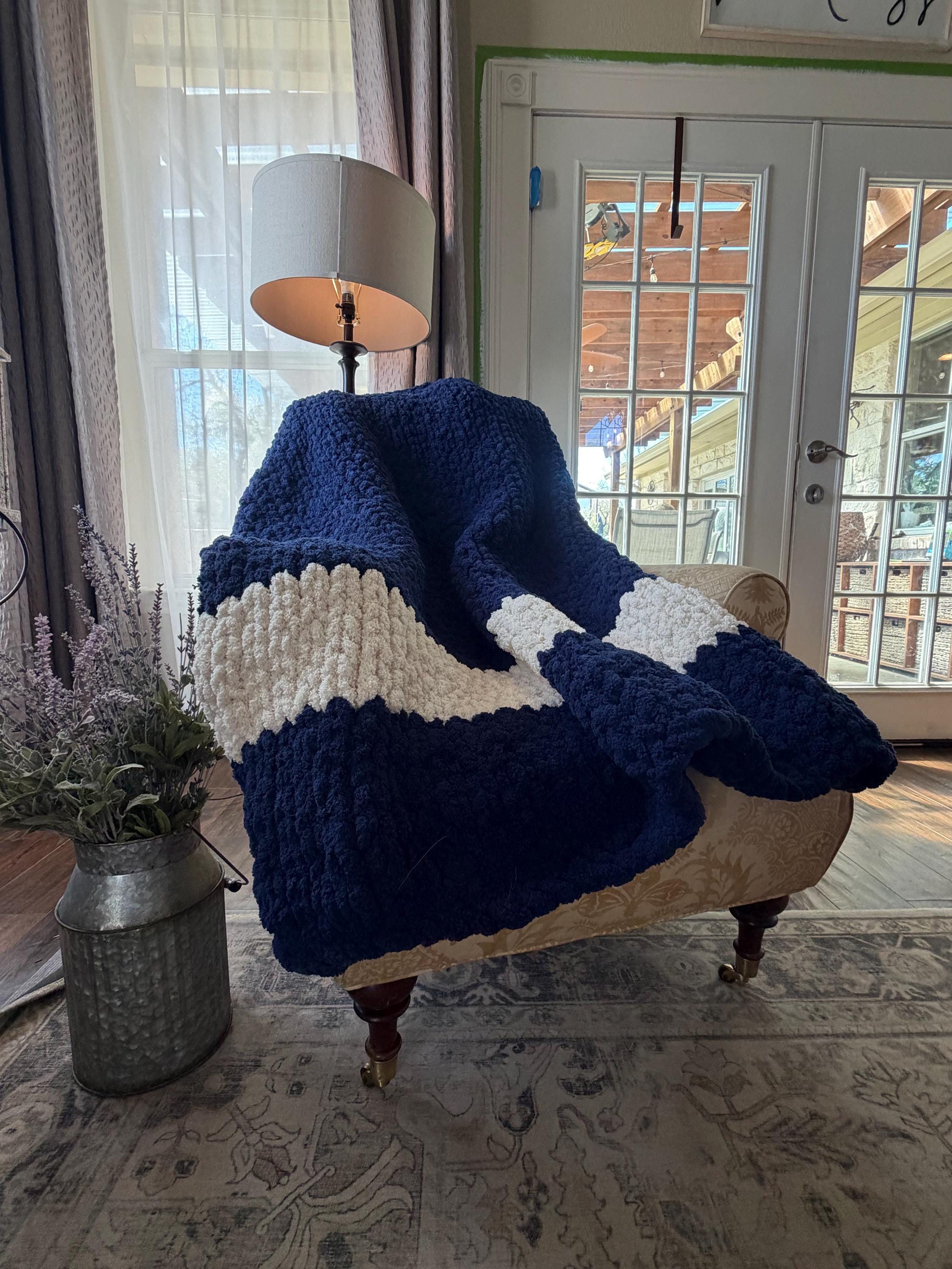 Cozy, Rustic, Dark Blue and Cream Chunky Chenille Hand Knit Blanket / Throw with Customized Leather Tag