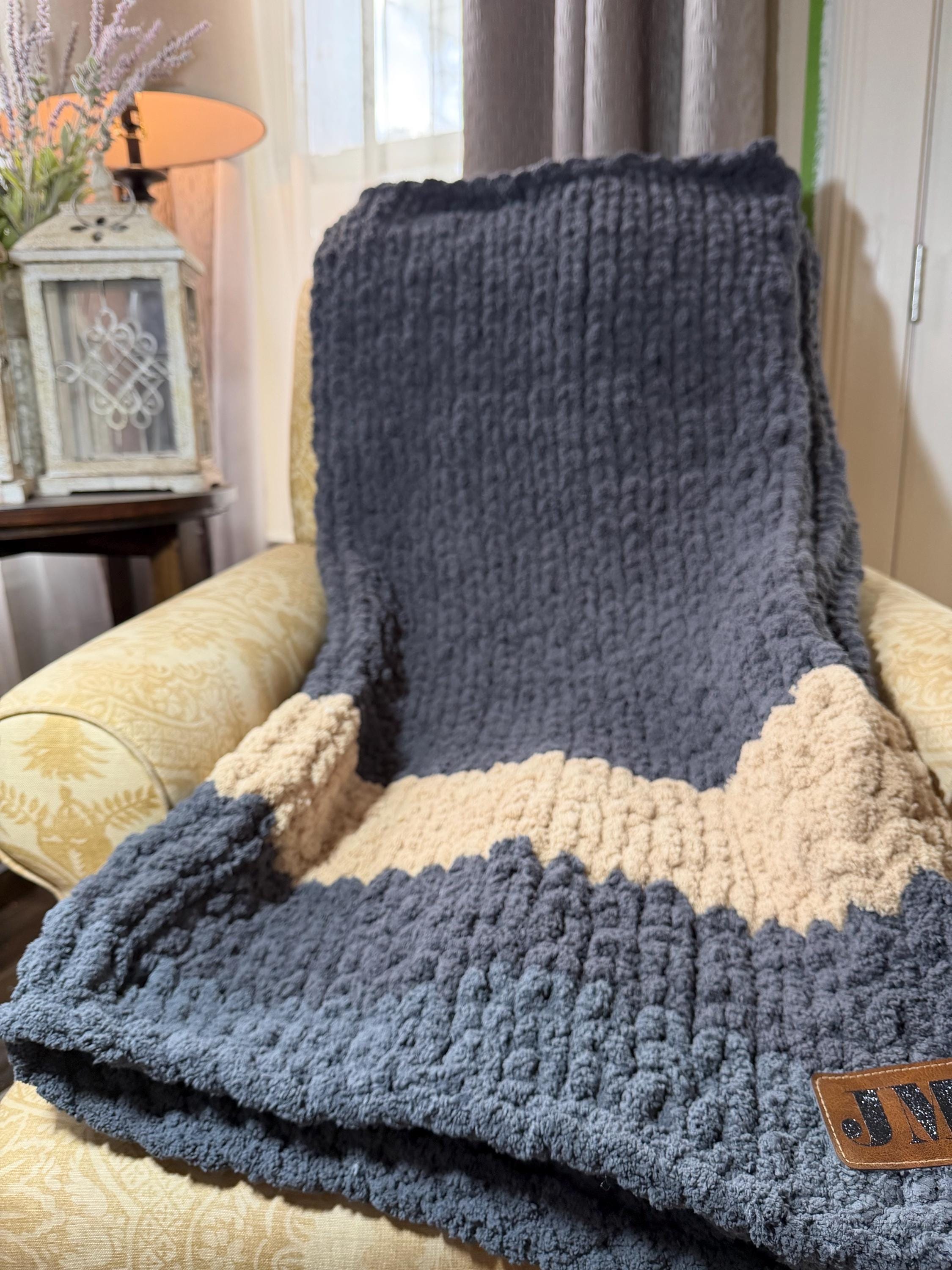 Cozy, Rustic, Dark Blue and Cream Chunky Chenille Hand Knit Blanket / Throw with Customized Leather Tag