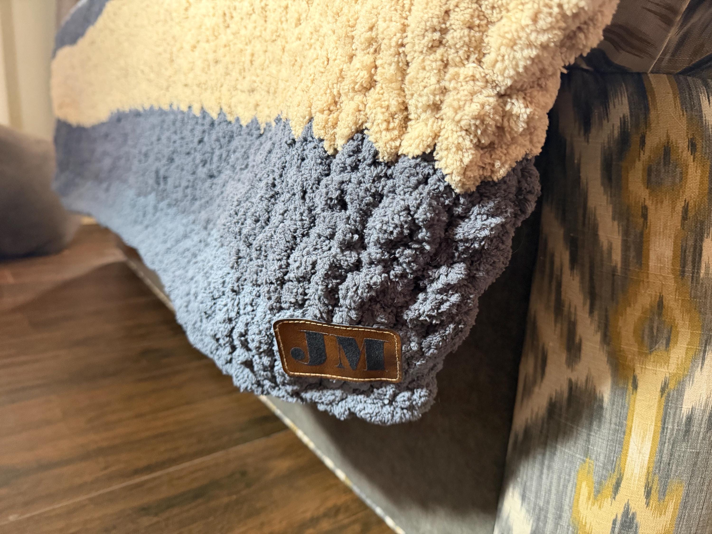 Cozy, Rustic, Dark Blue and Cream Chunky Chenille Hand Knit Blanket / Throw with Customized Leather Tag