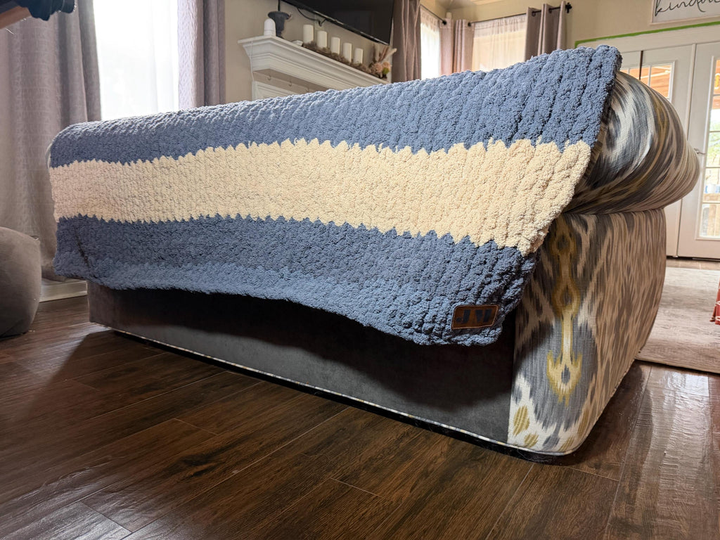 Cozy, Rustic, Dark Blue and Cream Chunky Chenille Hand Knit Blanket / Throw with Customized Leather Tag