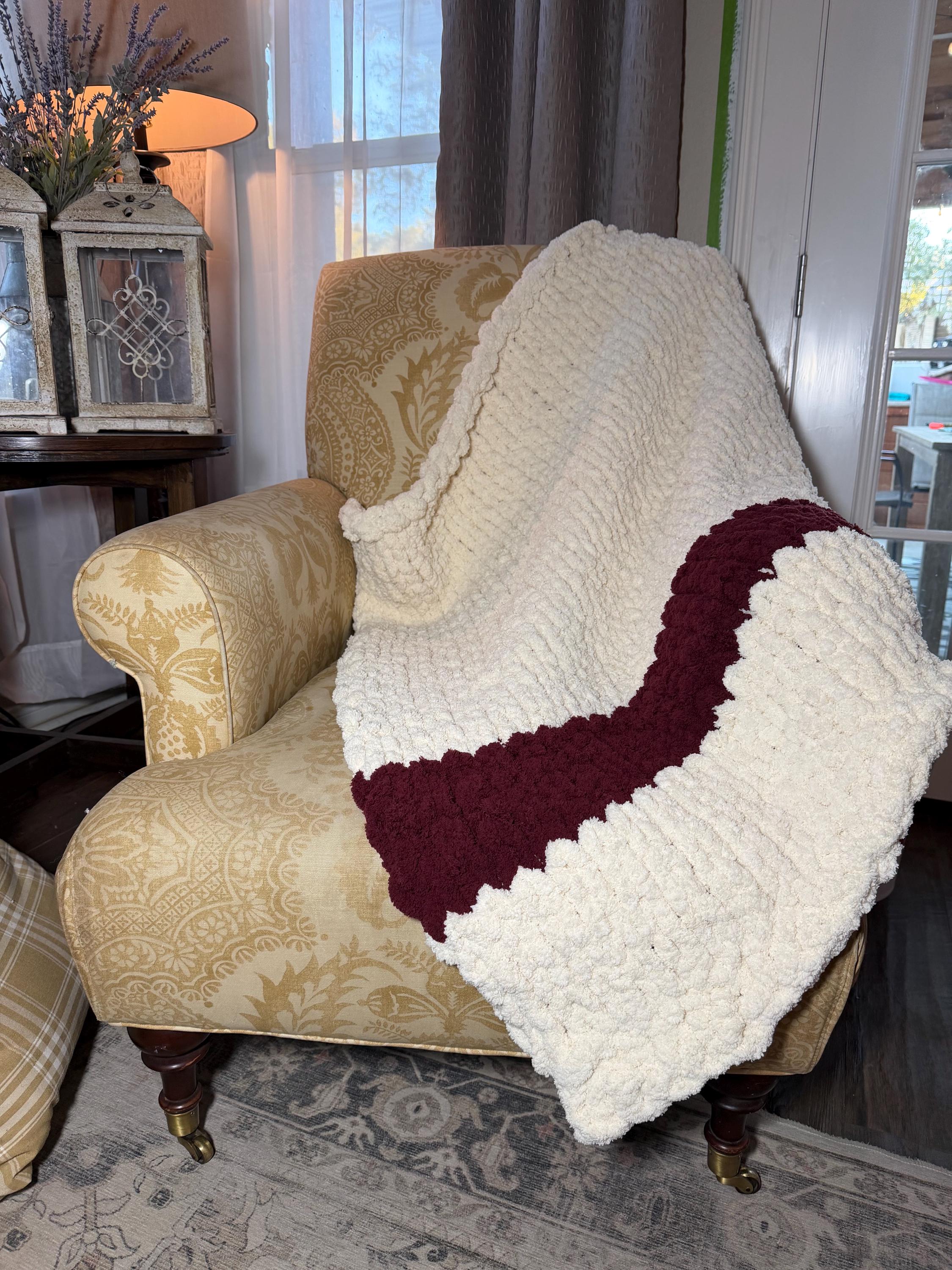 Cozy, Rustic, Dark Blue and Cream Chunky Chenille Hand Knit Blanket / Throw with Customized Leather Tag