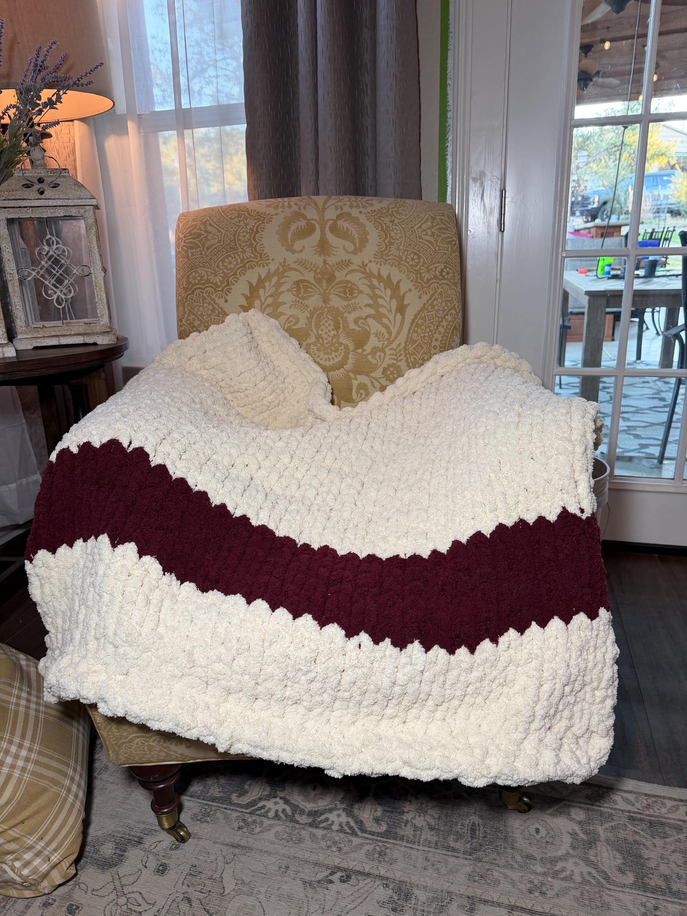 Cozy, Rustic, Dark Blue and Cream Chunky Chenille Hand Knit Blanket / Throw with Customized Leather Tag