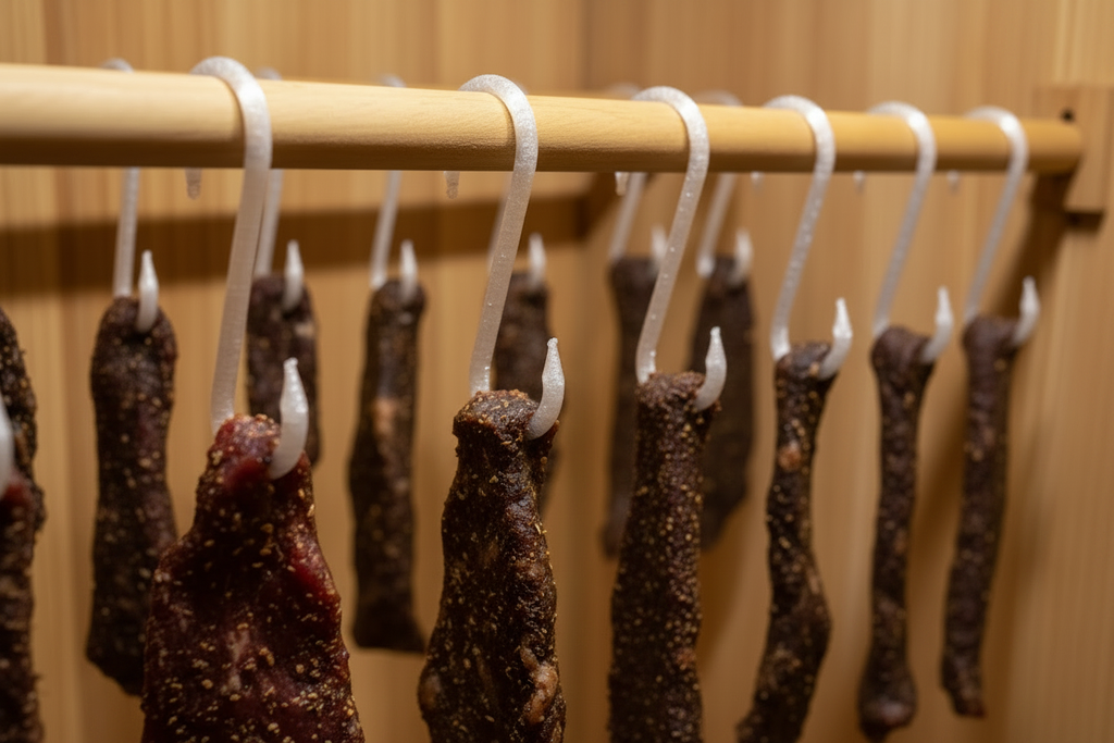 White hooks with properly dried biltong